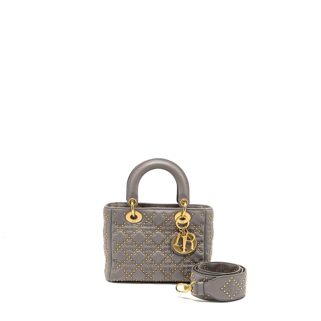 DIOR SMALL SUPPLE LADY DIOR STUDDED CALFSKIN GREY GHW