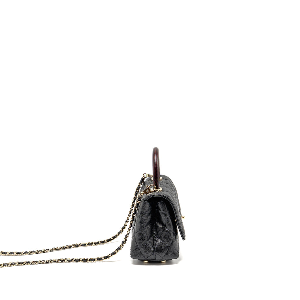 CHANEL MINI COCO HANDLE CAVIAR BLACK / BURGUNDY HANDLE LGHW (MICROCHIP)