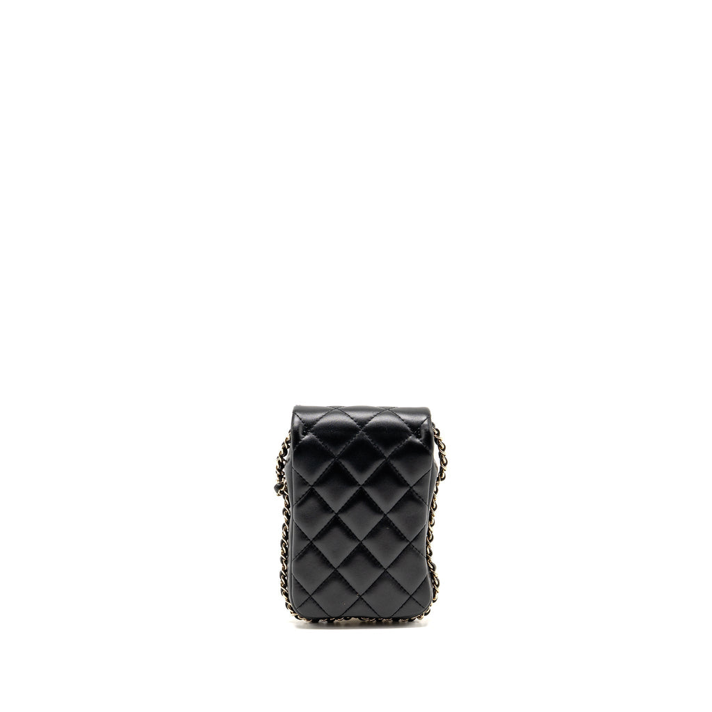 Chanel letter pearl chain mini flap clutch Lambskin black LGHW