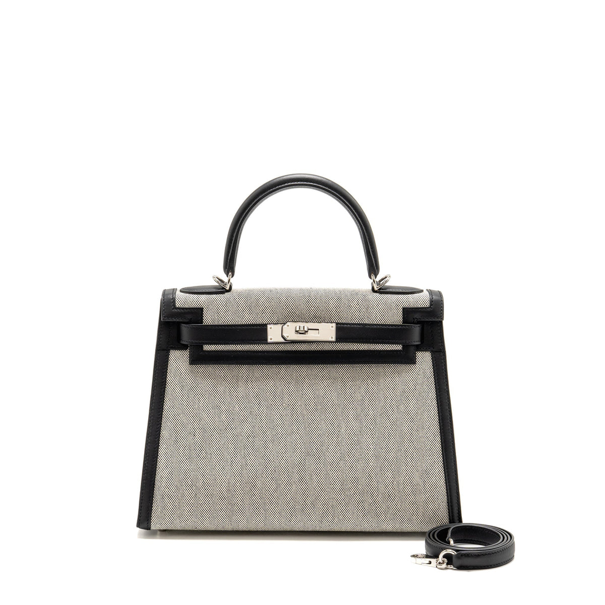 HERMES KELLY 28 SELLIER TOILE H / SWIFT ECRU - BLACK / BLACK SHW