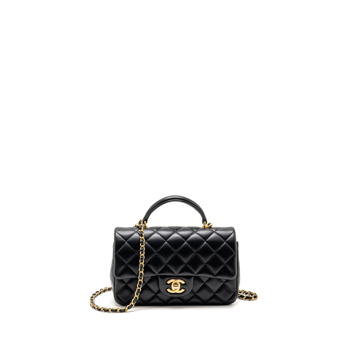 Chanel Top Handle Mini Rectangular Flap Bag Lambskin Black GHW (Microchip)