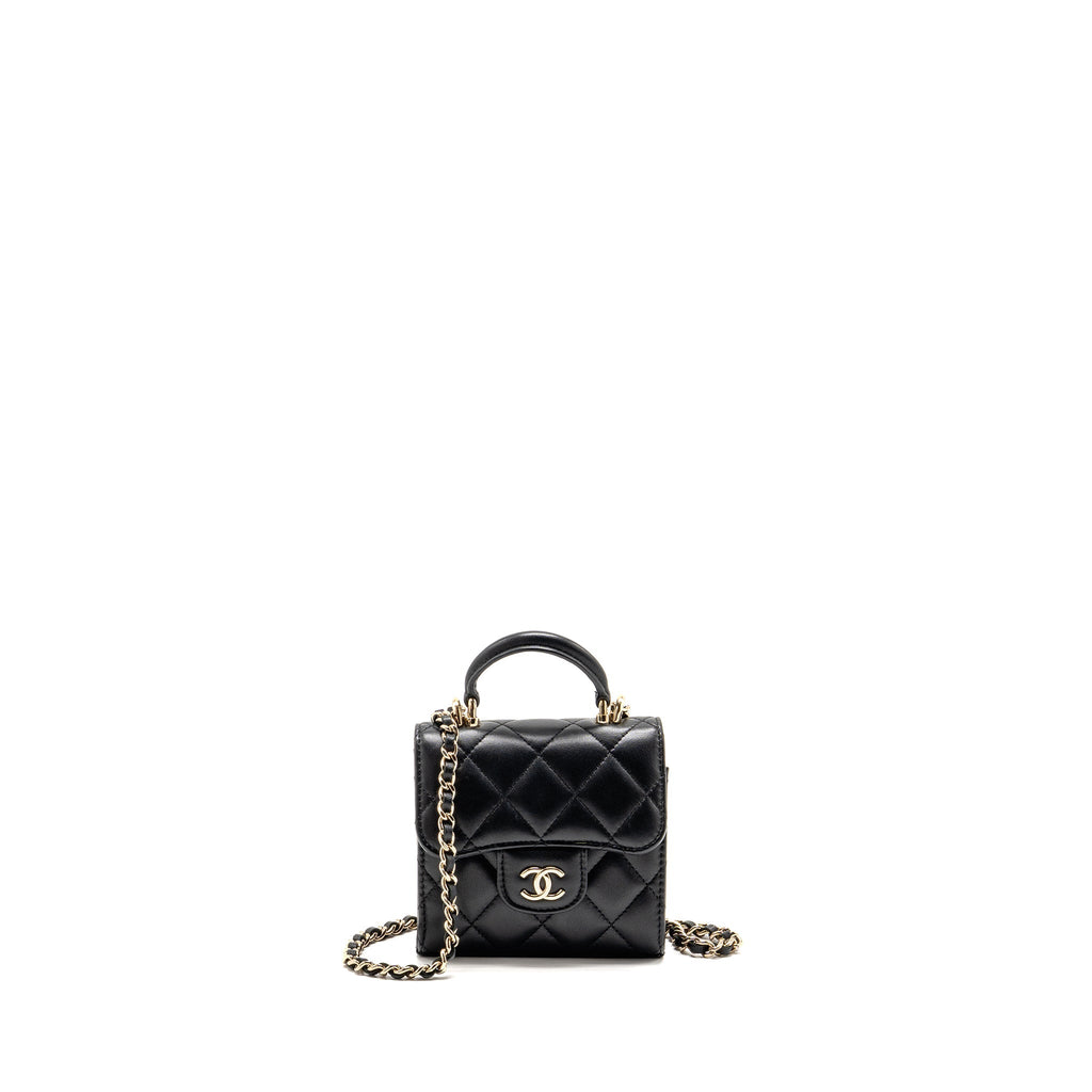 Chanel Top Handle Mini Flap Clutch with Chain Black Lambskin LGHW