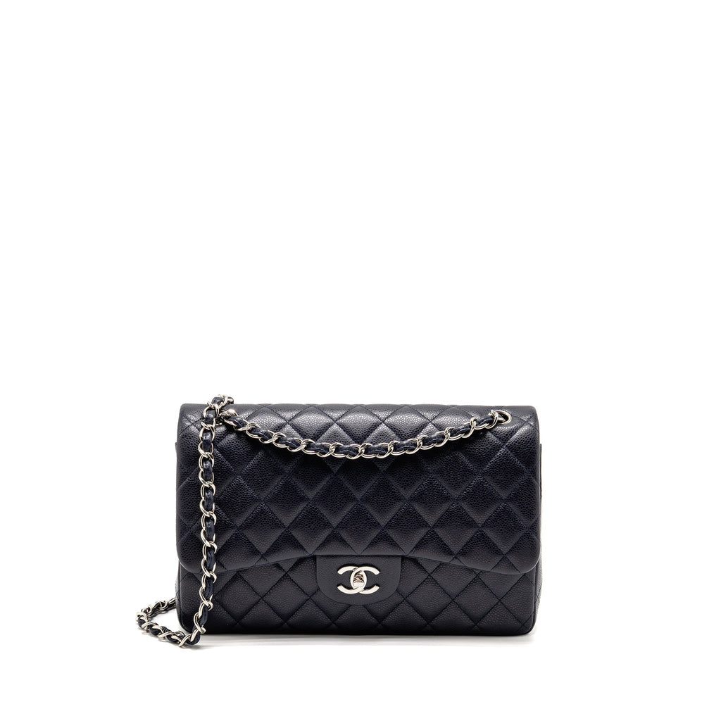 CHANEL JUMBO CLASSIC DOUBLE FLAP BAG CAVIAR DARK BLUE SHW