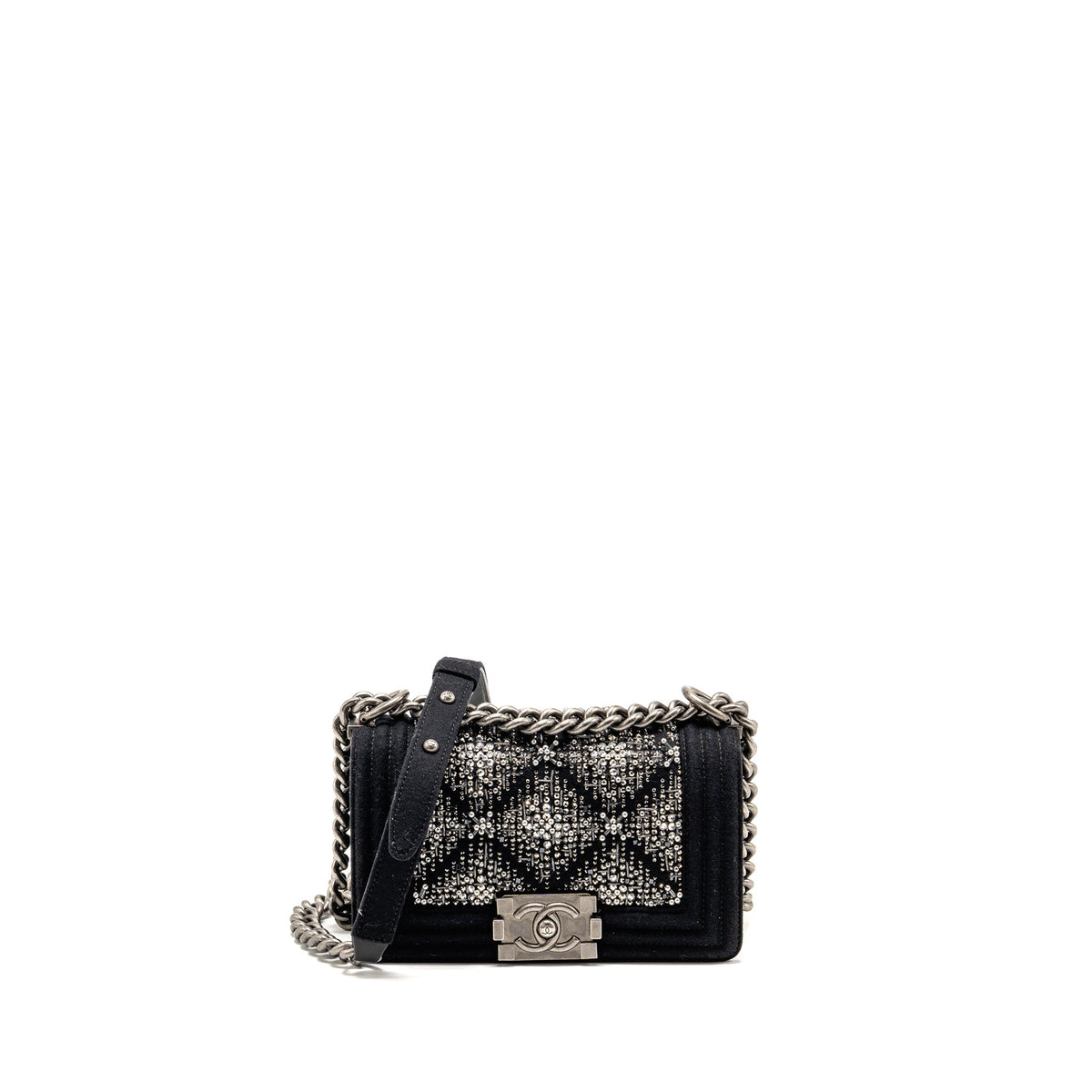 Chanel small boy bag Jersey strass crystal wool felt black ruthenium SHW