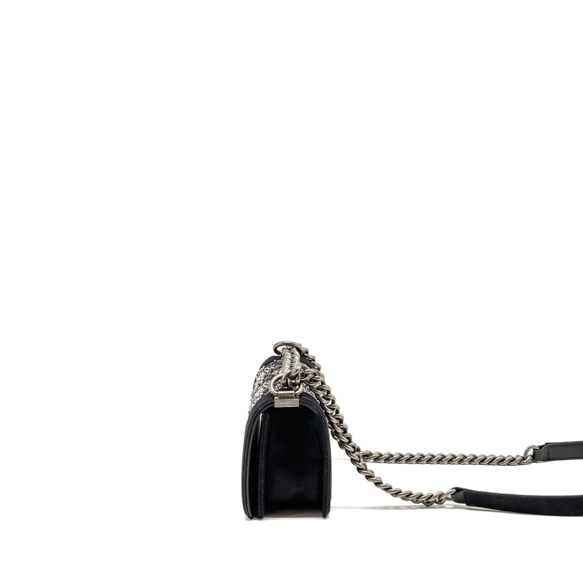 Chanel small boy bag Jersey strass crystal wool felt black ruthenium SHW
