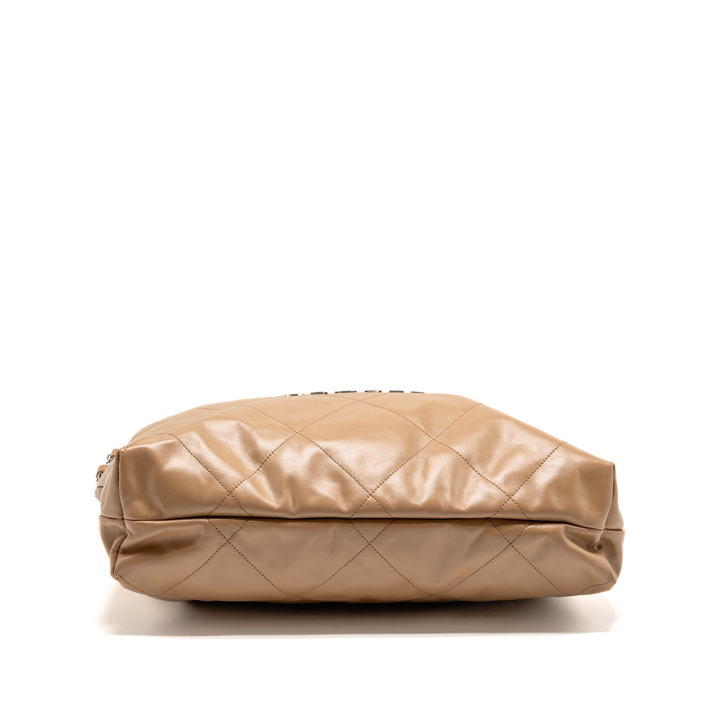 CHANEL LARGE 22 BAG SHINY CALFSKIN DARK BEIGE SHW (MICROCHIP)
