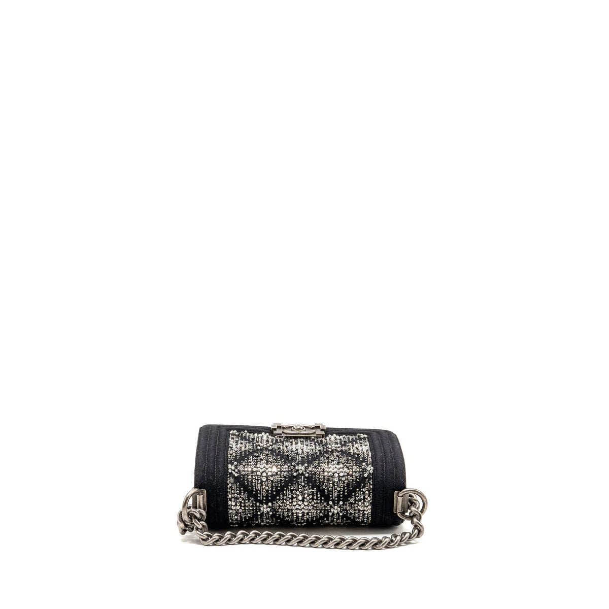 Chanel small boy bag Jersey strass crystal wool felt black ruthenium SHW