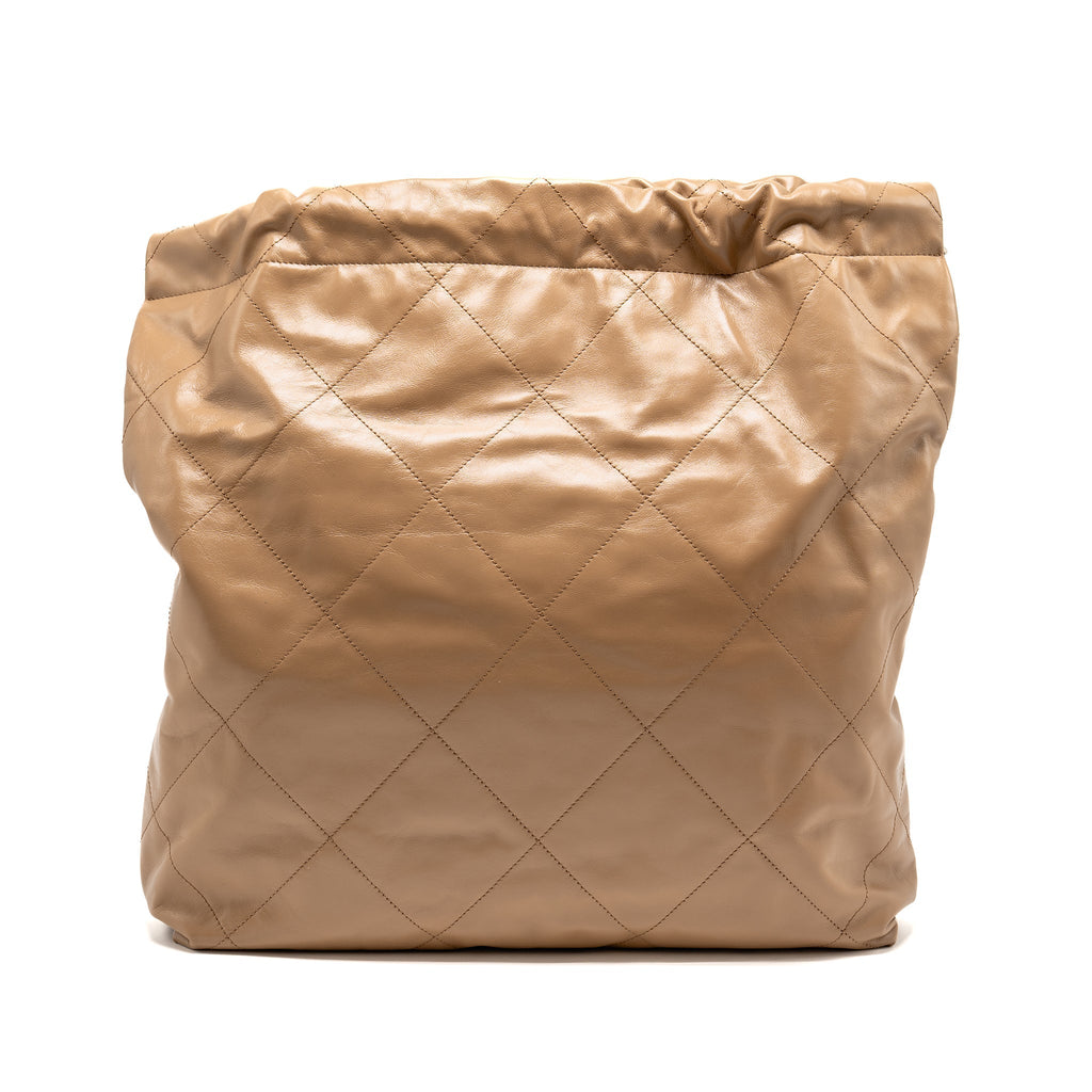 CHANEL LARGE 22 BAG SHINY CALFSKIN DARK BEIGE SHW (MICROCHIP)