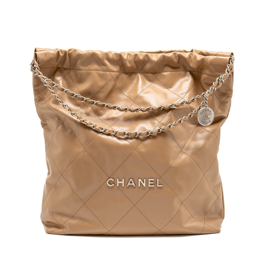 CHANEL LARGE 22 BAG SHINY CALFSKIN DARK BEIGE SHW (MICROCHIP)