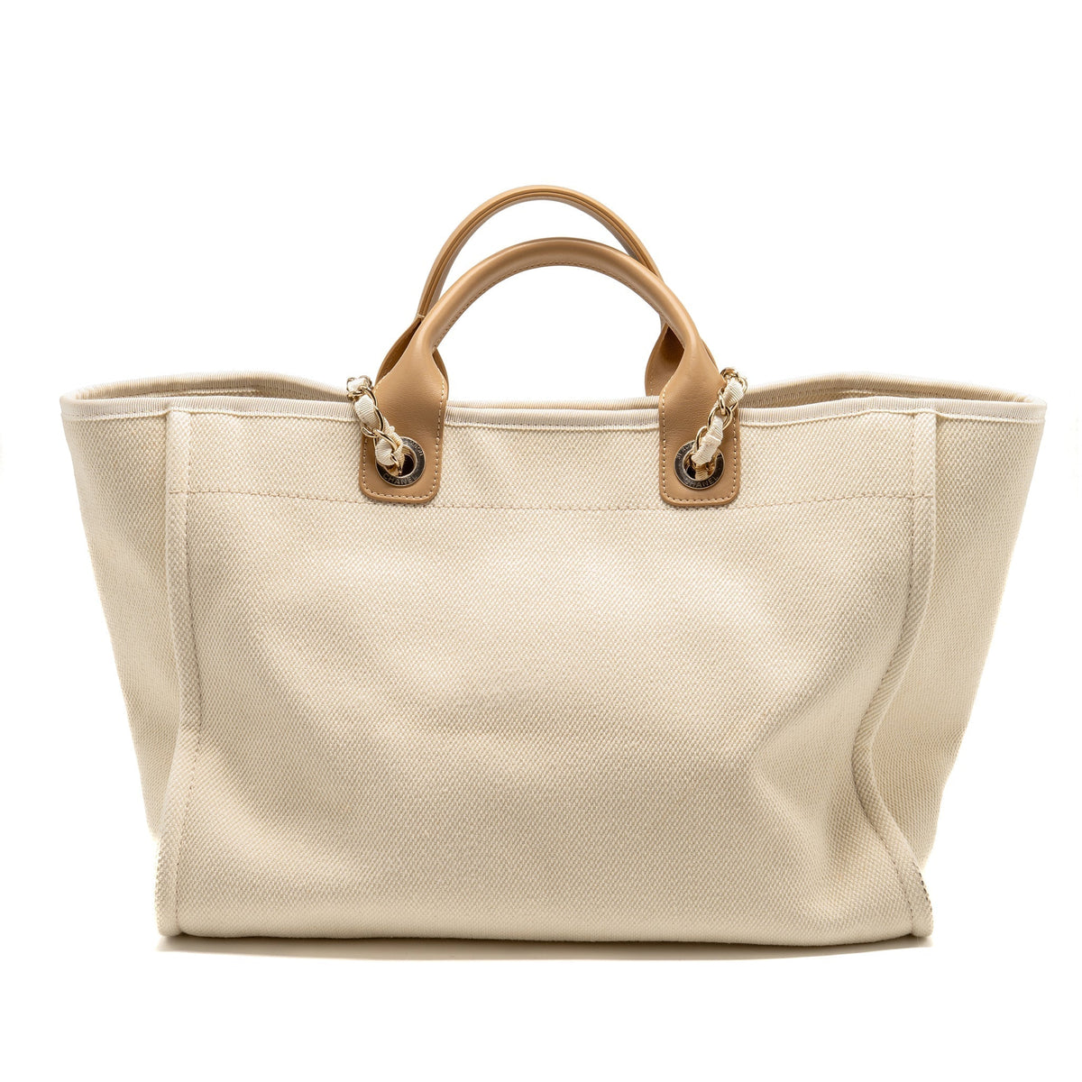 CHANEL DEAUVILLE TOTE BAG WITH PEARL LOGO FABRIC/LEATHER CREAMY WHITE/BEIGE LGHW