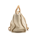 CHANEL DEAUVILLE TOTE BAG WITH PEARL LOGO FABRIC/LEATHER CREAMY WHITE/BEIGE LGHW