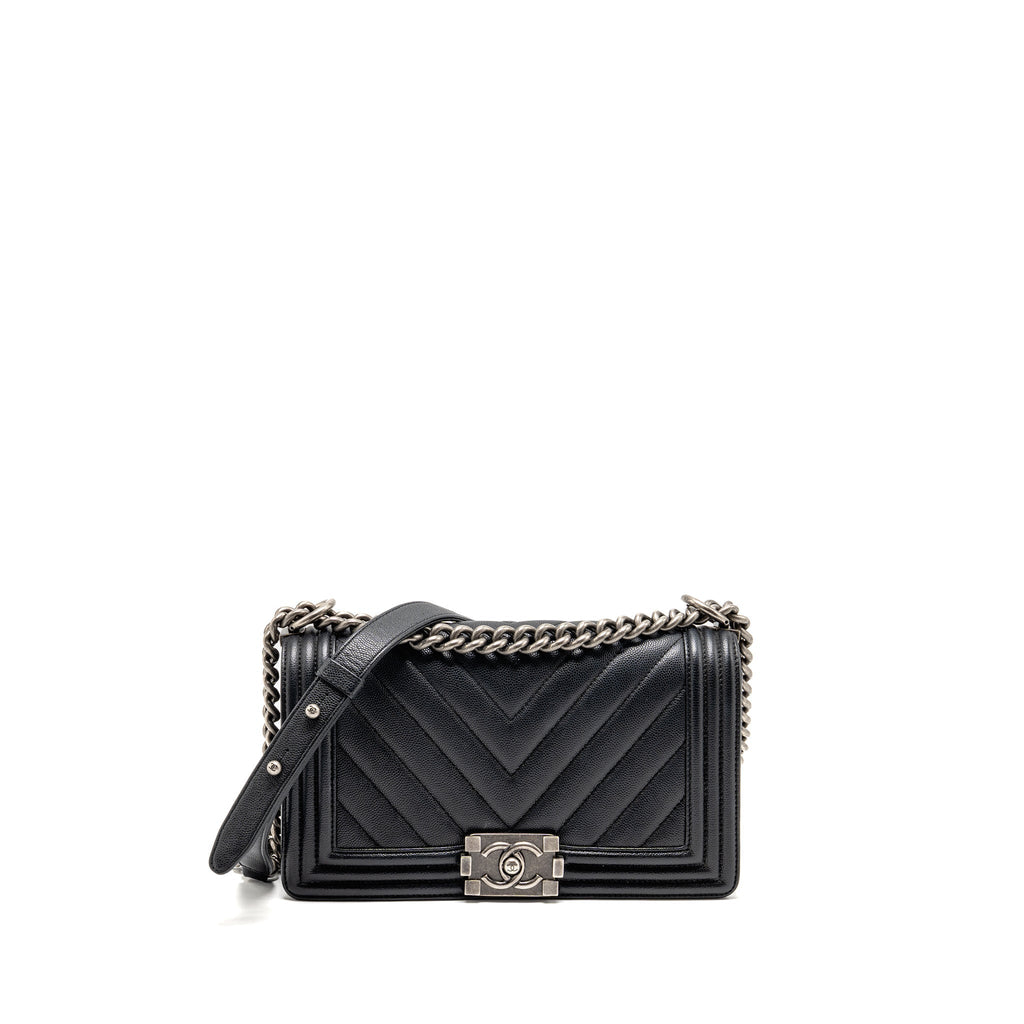 CHANEL MEDIUM BOY BAG CHEVRON CAVIAR BLACK RUTHENIUM SILVER HARDWARE