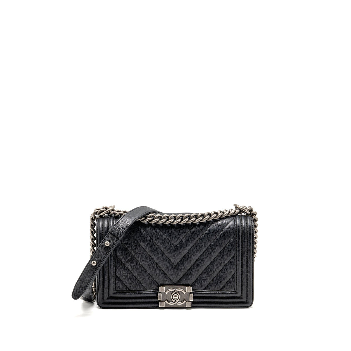 CHANEL MEDIUM BOY BAG CHEVRON CAVIAR BLACK RUTHENIUM SILVER HARDWARE