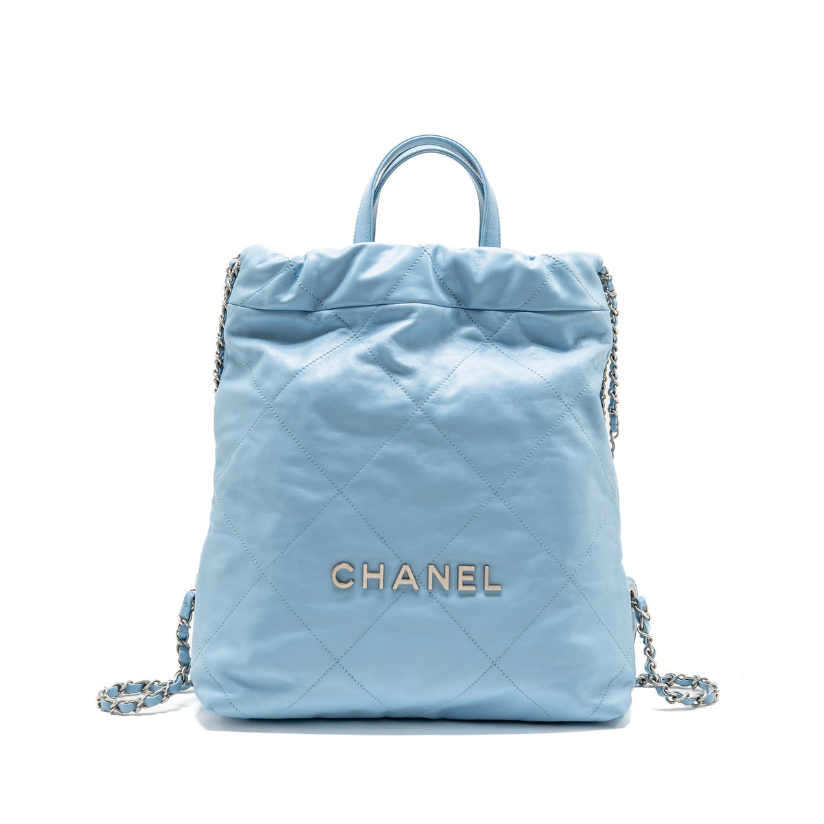 Chanel Small 22 Backpack Shiny Calfskin Sky Blue Brushed SHW (Microchip)