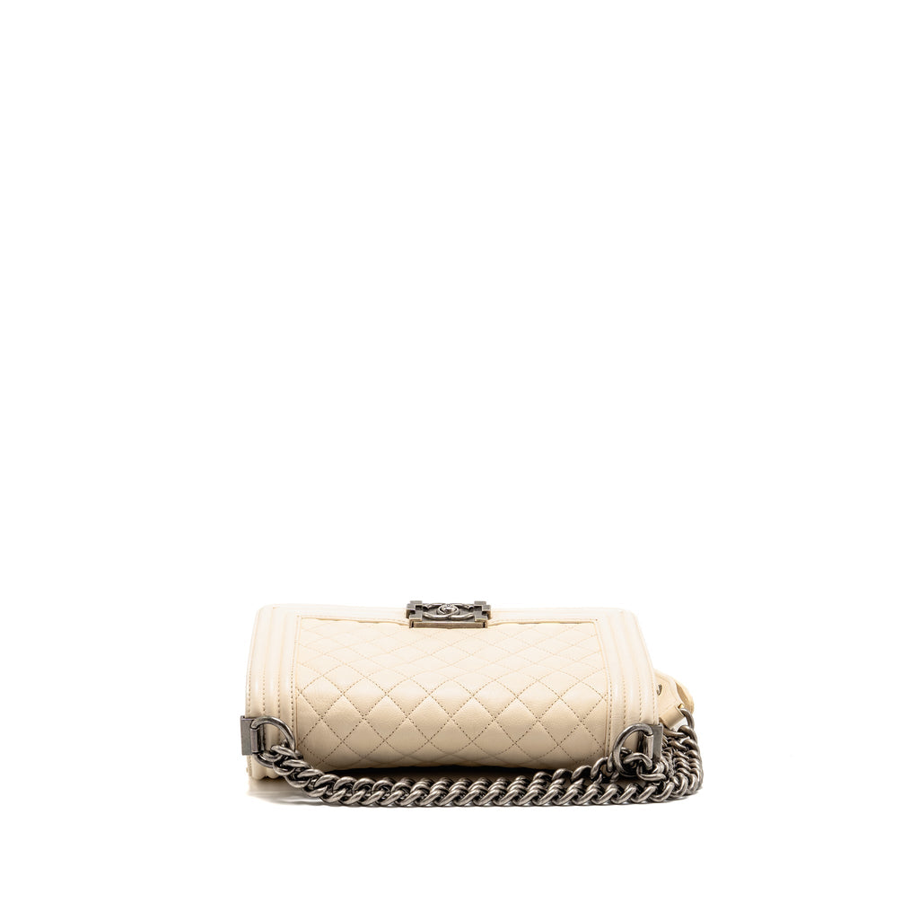 Chanel medium boy bag calfskin ivory ruthenium silver hardware