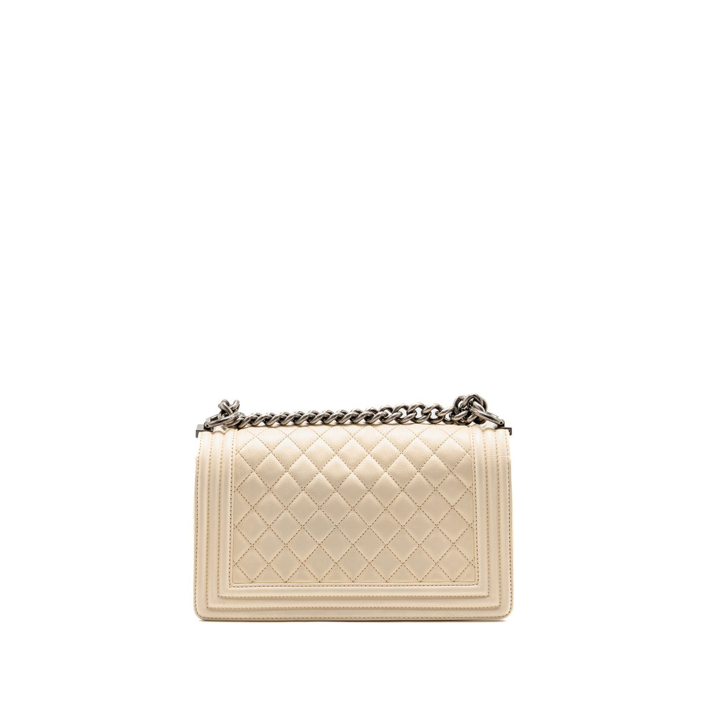 Chanel medium boy bag calfskin ivory ruthenium silver hardware