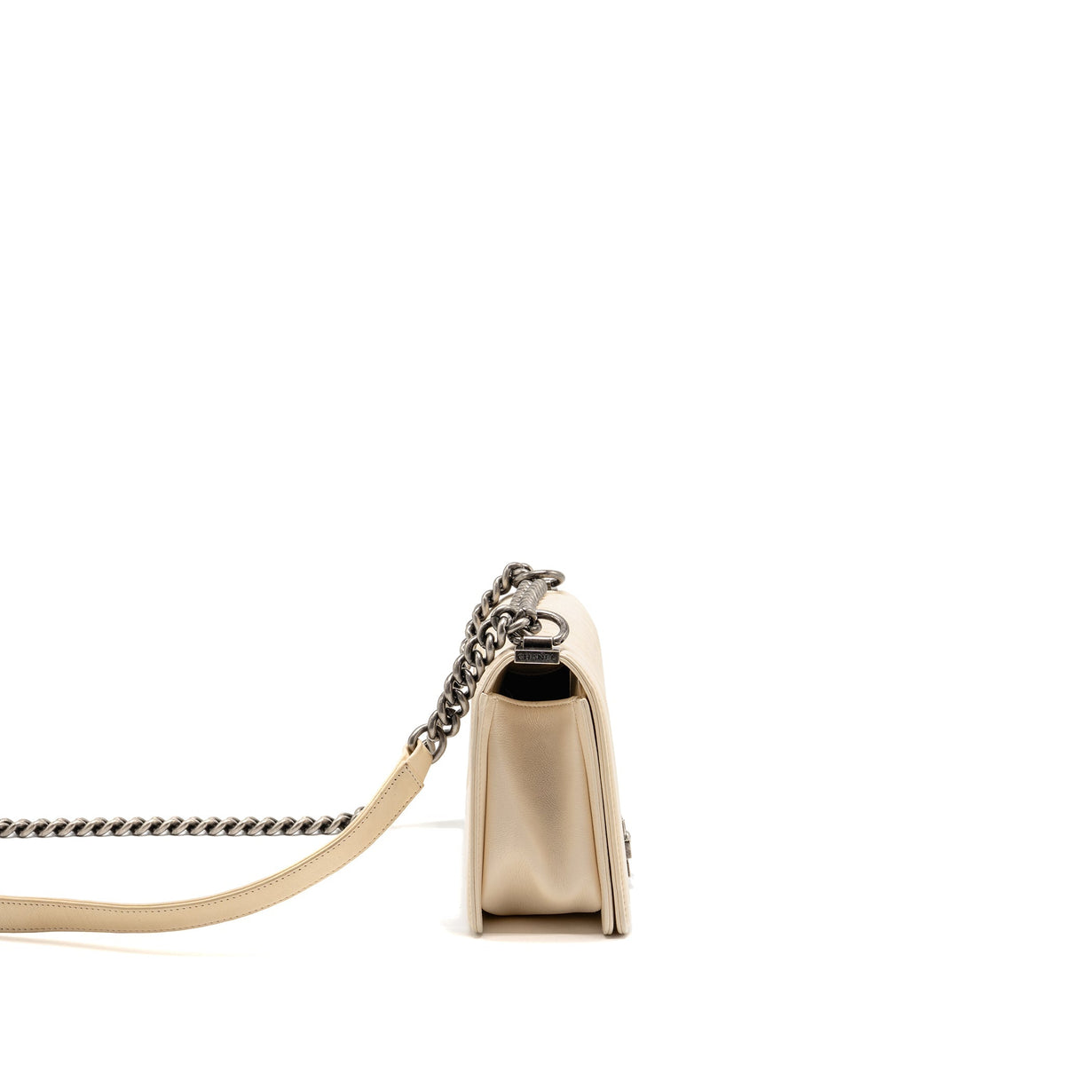 Chanel medium boy bag calfskin ivory ruthenium silver hardware