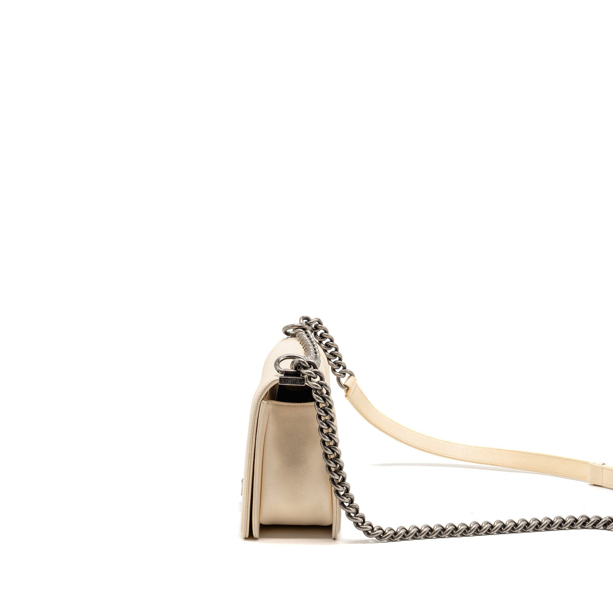 Chanel medium boy bag calfskin ivory ruthenium silver hardware