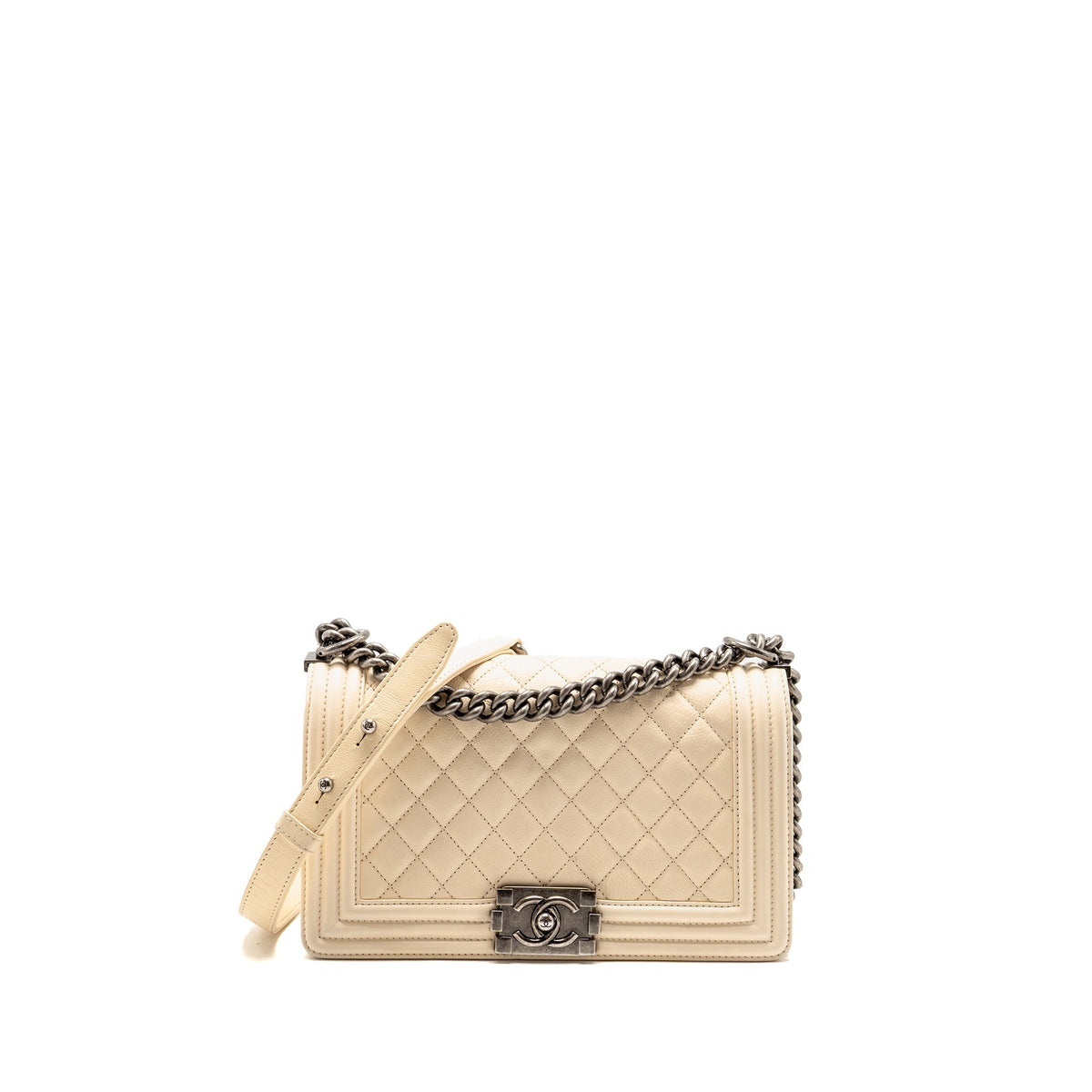 Chanel medium boy bag calfskin ivory ruthenium silver hardware
