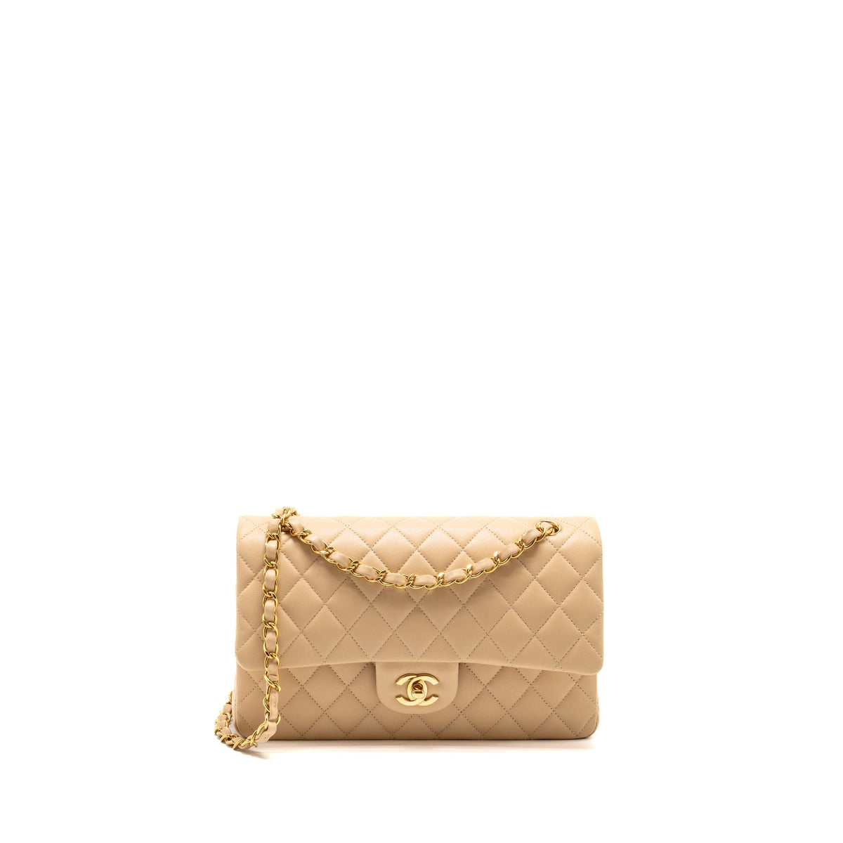 Chanel Medium Classic Double Flap Bag Lambskin Beige GHW (Microchip)