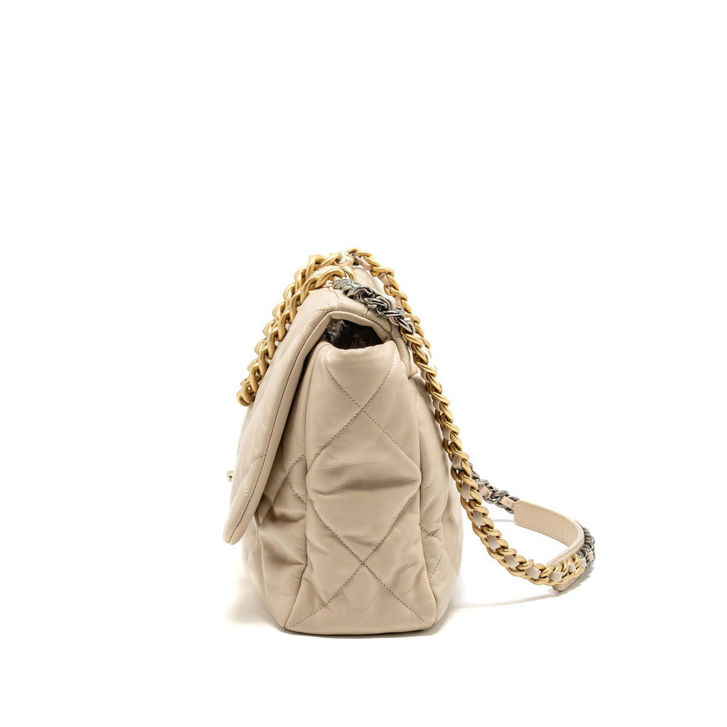CHANEL MAXI 19 BAG GOATSKIN BEIGE MULTICOLOR HARDWARE