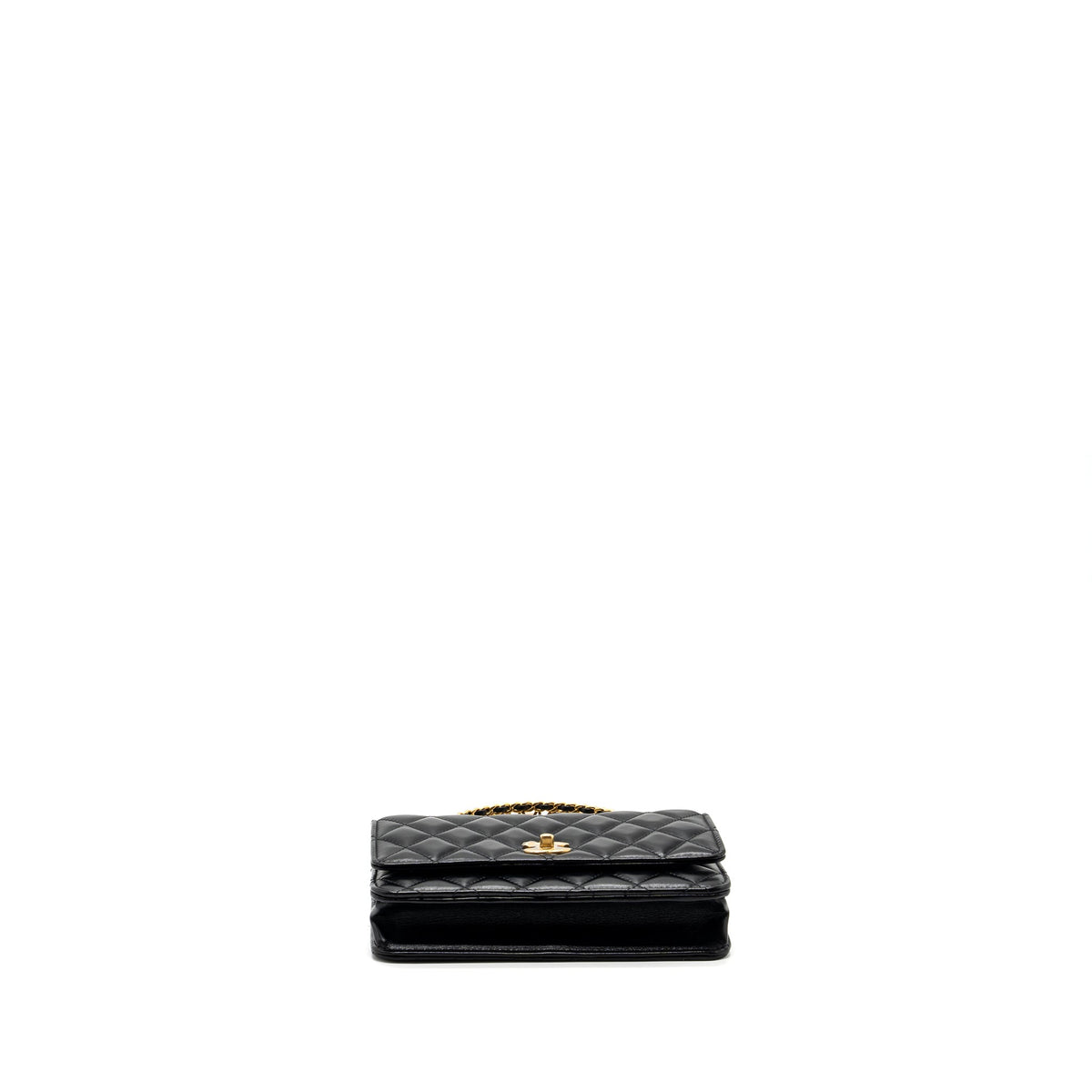 CHANEL LETTER LOGO TOP HANDLE FLAP WALLET ON CHAIN SHINY CALFSKIN BLACK GHW (MICROCHIP)