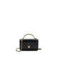 CHANEL LETTER LOGO TOP HANDLE FLAP WALLET ON CHAIN SHINY CALFSKIN BLACK GHW (MICROCHIP)
