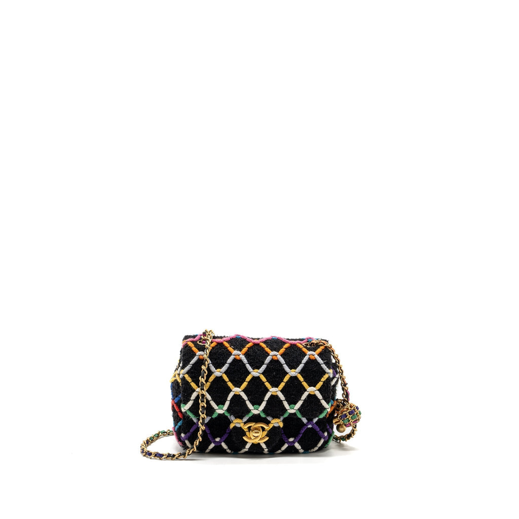 CHANEL 22S PEARL CRUSH MINI SQUARE FLAP BAG FABRIC / TWEED BLACK / MULTICOLOR GHW (MICROCHIP)