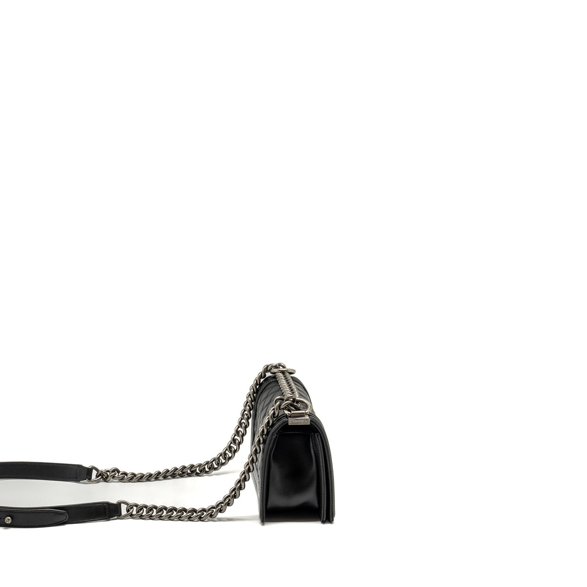 CHANEL SMALL BOY BAG CALFSKIN BLACK RUTHENIUM HARDWARE (MICROCHIP)