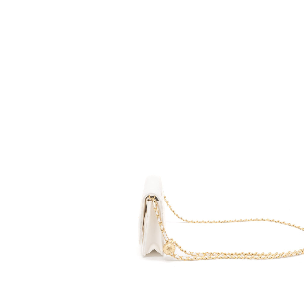 CHANEL PEARL CRUSH WALLET ON CHAIN LAMBSKIN WHITE BRUSHED GHW (MICROCHIP)