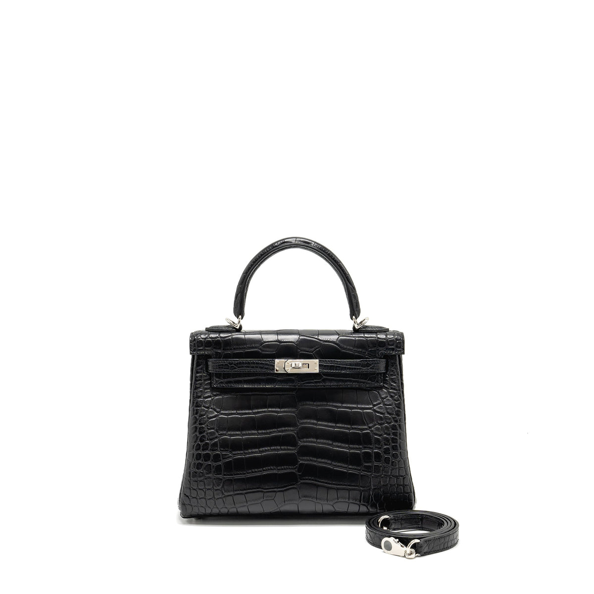 HERMES KELLY 25 MATT ALLIGATOR MISSISSIPPIENSIS BLACK SHW