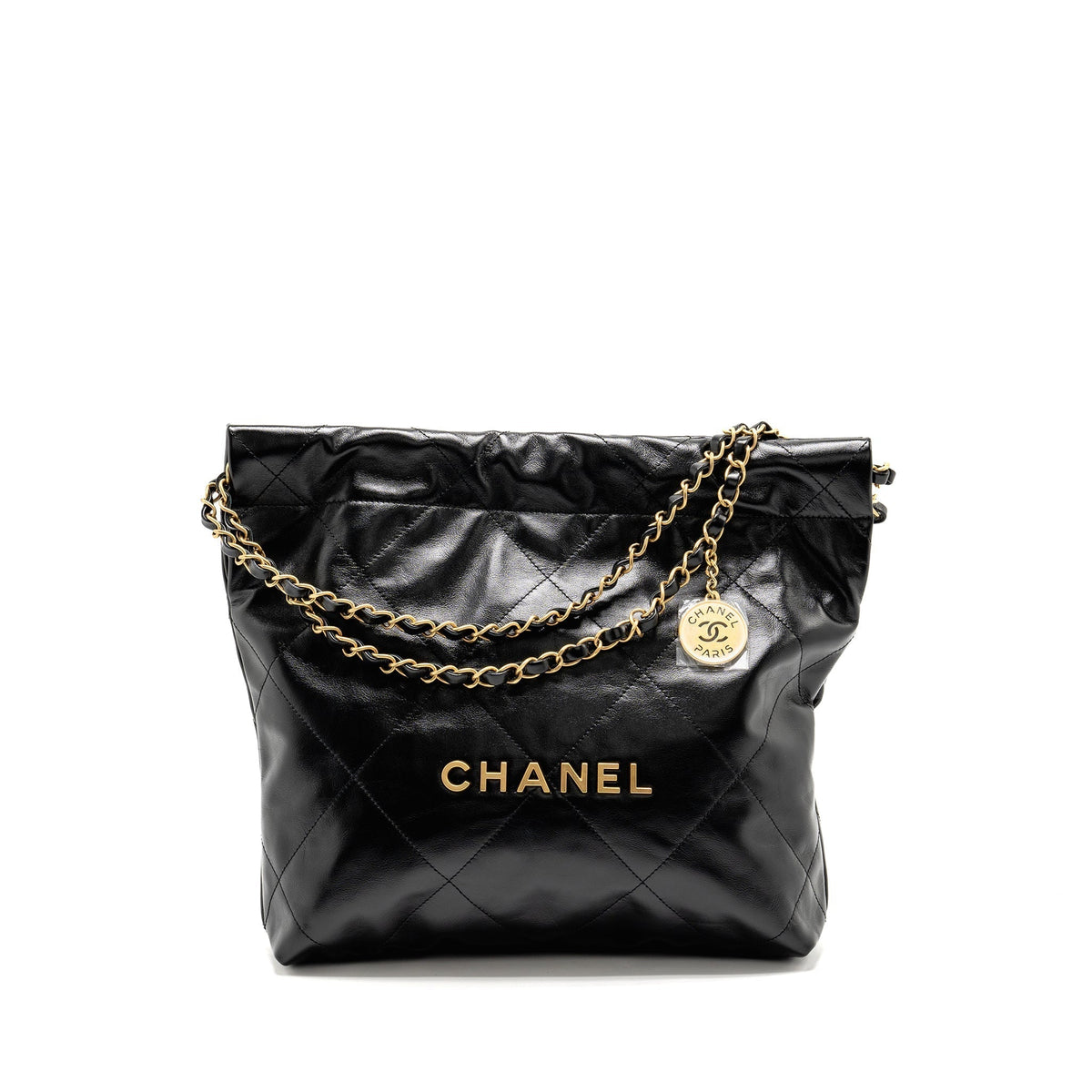 CHANEL SMALL 22 BAG SHINY CALFSKIN BLACK GHW(MICROCHIP)