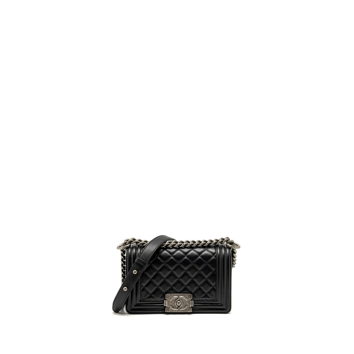 CHANEL SMALL BOY BAG CALFSKIN BLACK RUTHENIUM HARDWARE (MICROCHIP)