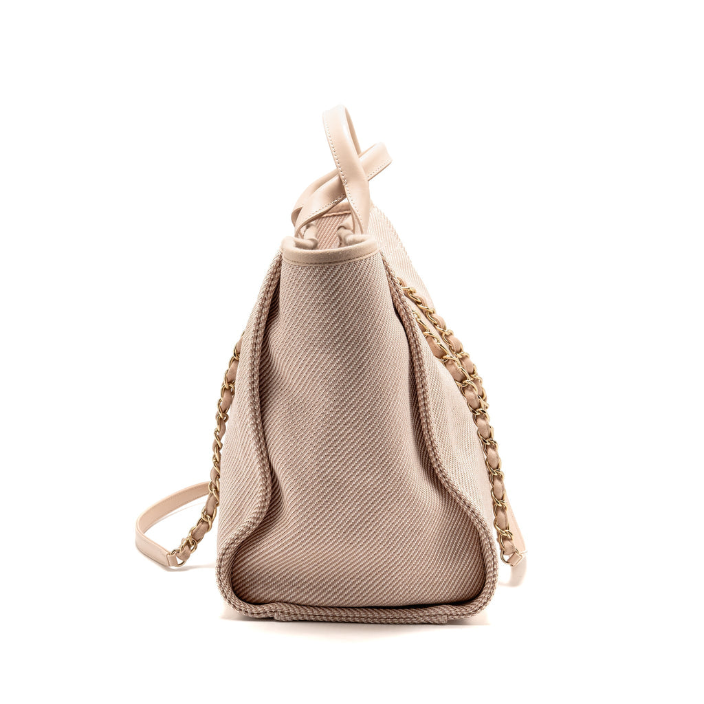 CHANEL LARGE DEAUVILLE TOTE SHOPPING BAG CANVAS/CALFSKIN LIGHT PINK LGHW