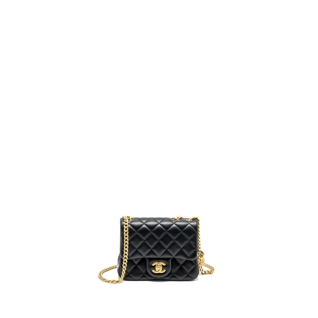 CHANEL CAMELLIA ADJUSTABLE CHAIN MINI SQUARE FLAP BAG LAMBSKIN BLACK GHW (MICROCHIP)