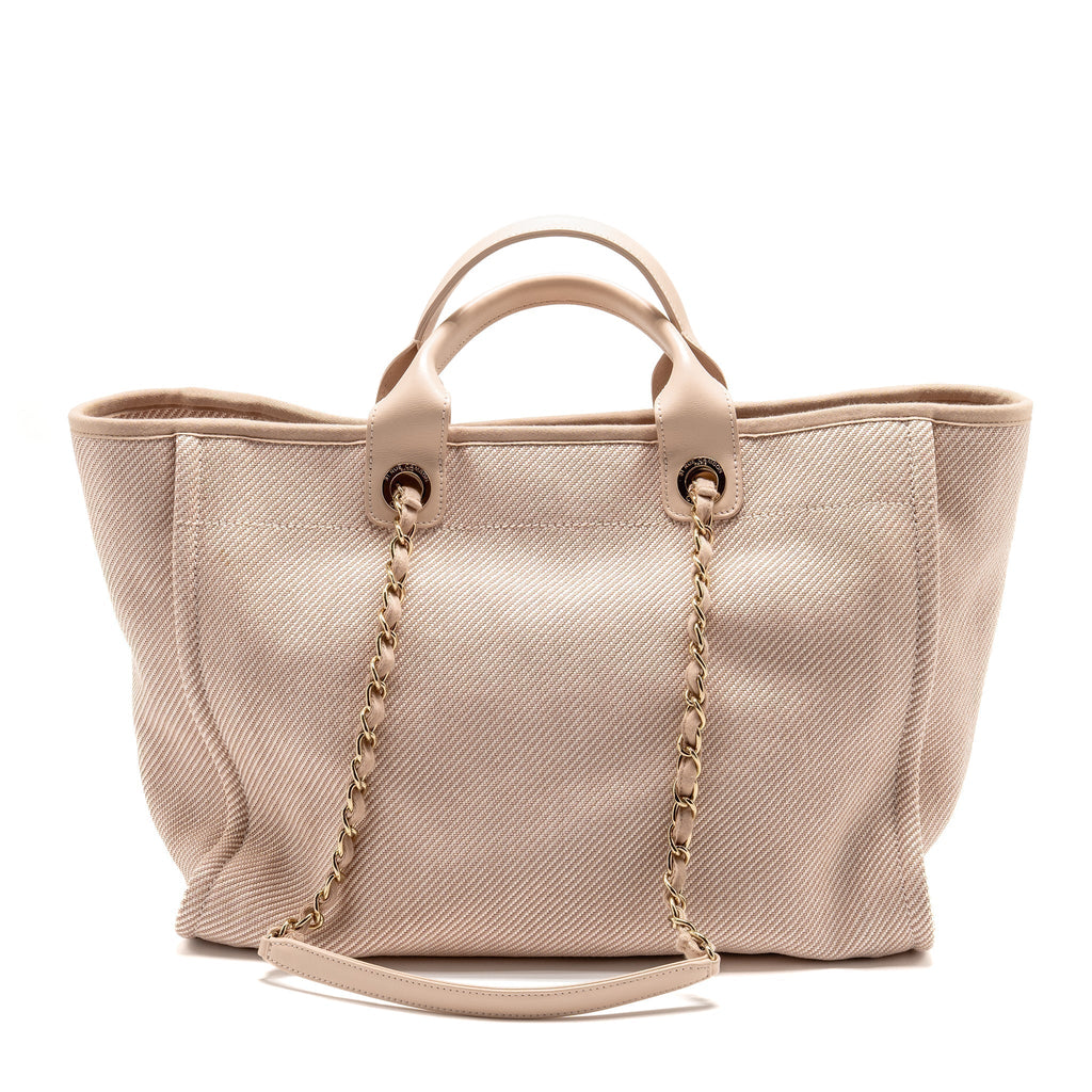 CHANEL LARGE DEAUVILLE TOTE SHOPPING BAG CANVAS/CALFSKIN LIGHT PINK LGHW