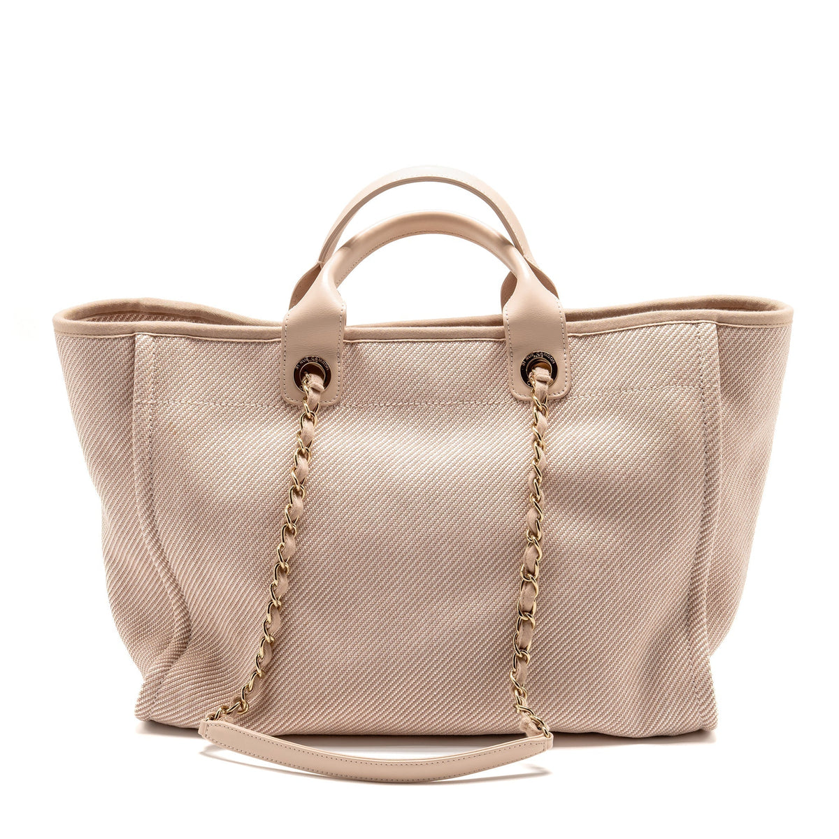 CHANEL LARGE DEAUVILLE TOTE SHOPPING BAG CANVAS/CALFSKIN LIGHT PINK LGHW