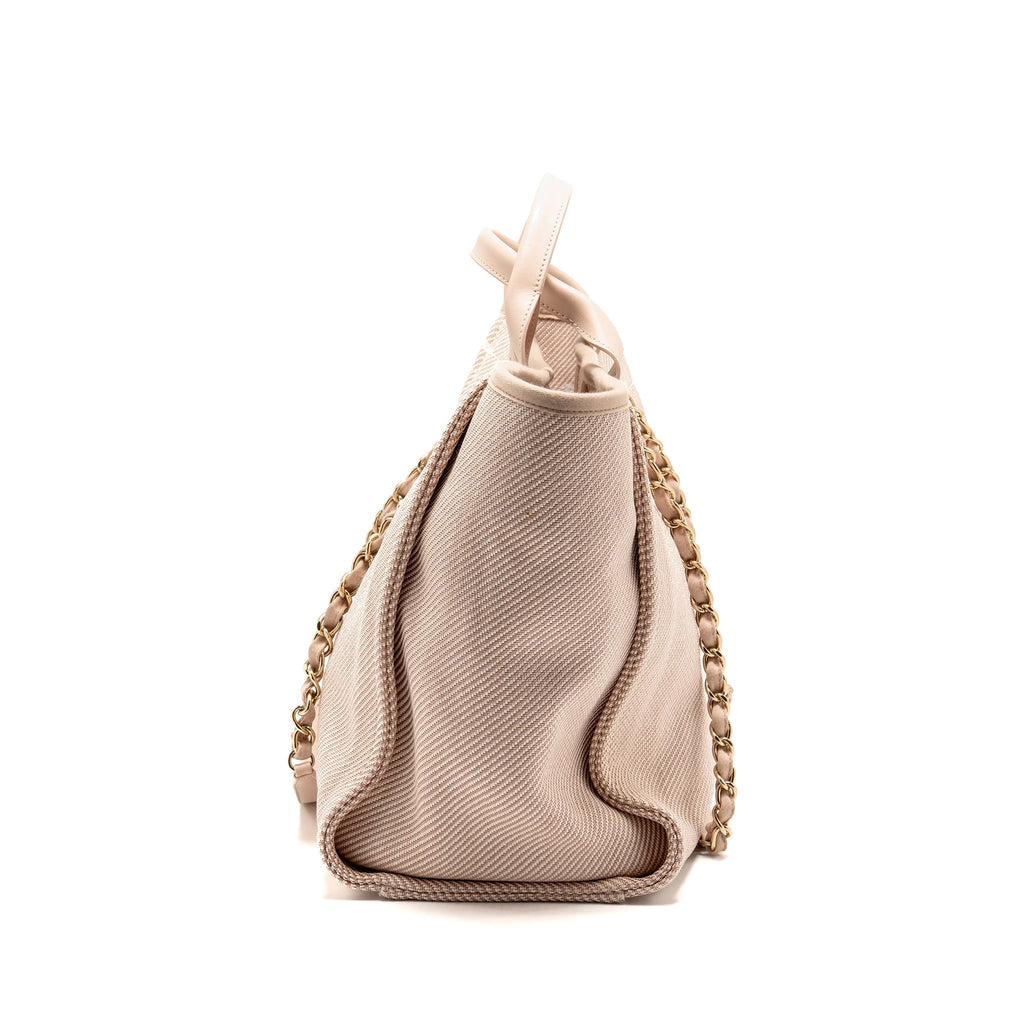 CHANEL LARGE DEAUVILLE TOTE SHOPPING BAG CANVAS/CALFSKIN LIGHT PINK LGHW