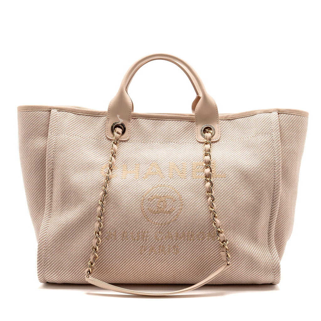 CHANEL LARGE DEAUVILLE TOTE SHOPPING BAG CANVAS/CALFSKIN LIGHT PINK LGHW