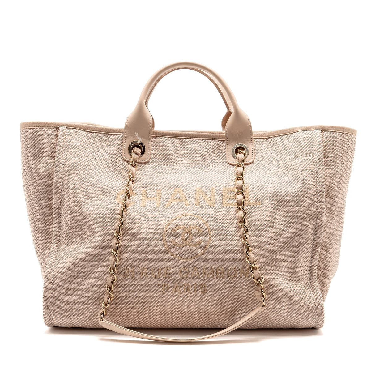 CHANEL LARGE DEAUVILLE TOTE SHOPPING BAG CANVAS/CALFSKIN LIGHT PINK LGHW