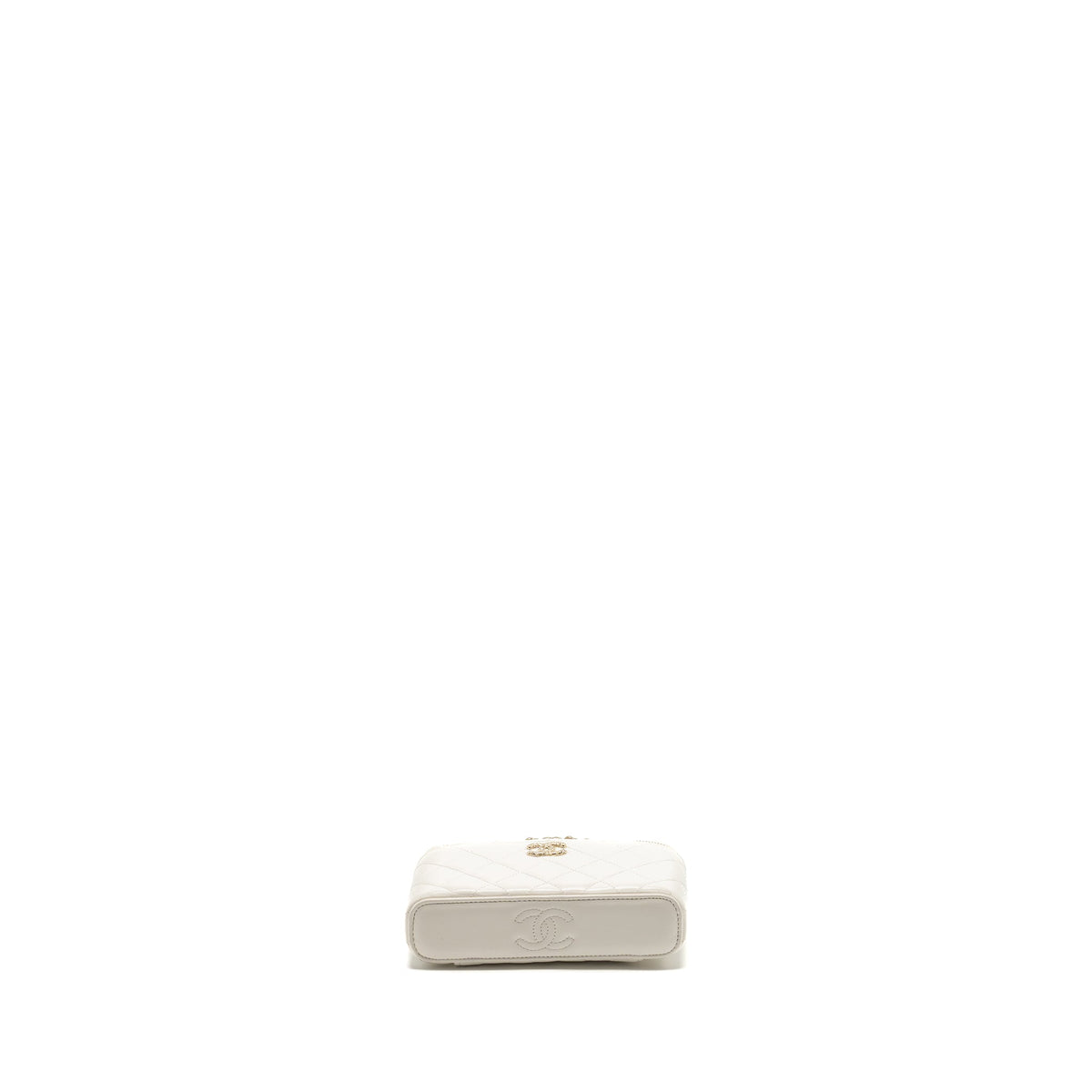 CHANEL 23K CAMELLIA TOP HANDLE LONG VANITY CASE WITH CHAIN CALFSKIN WHITE LGHW (MICROCHIP)