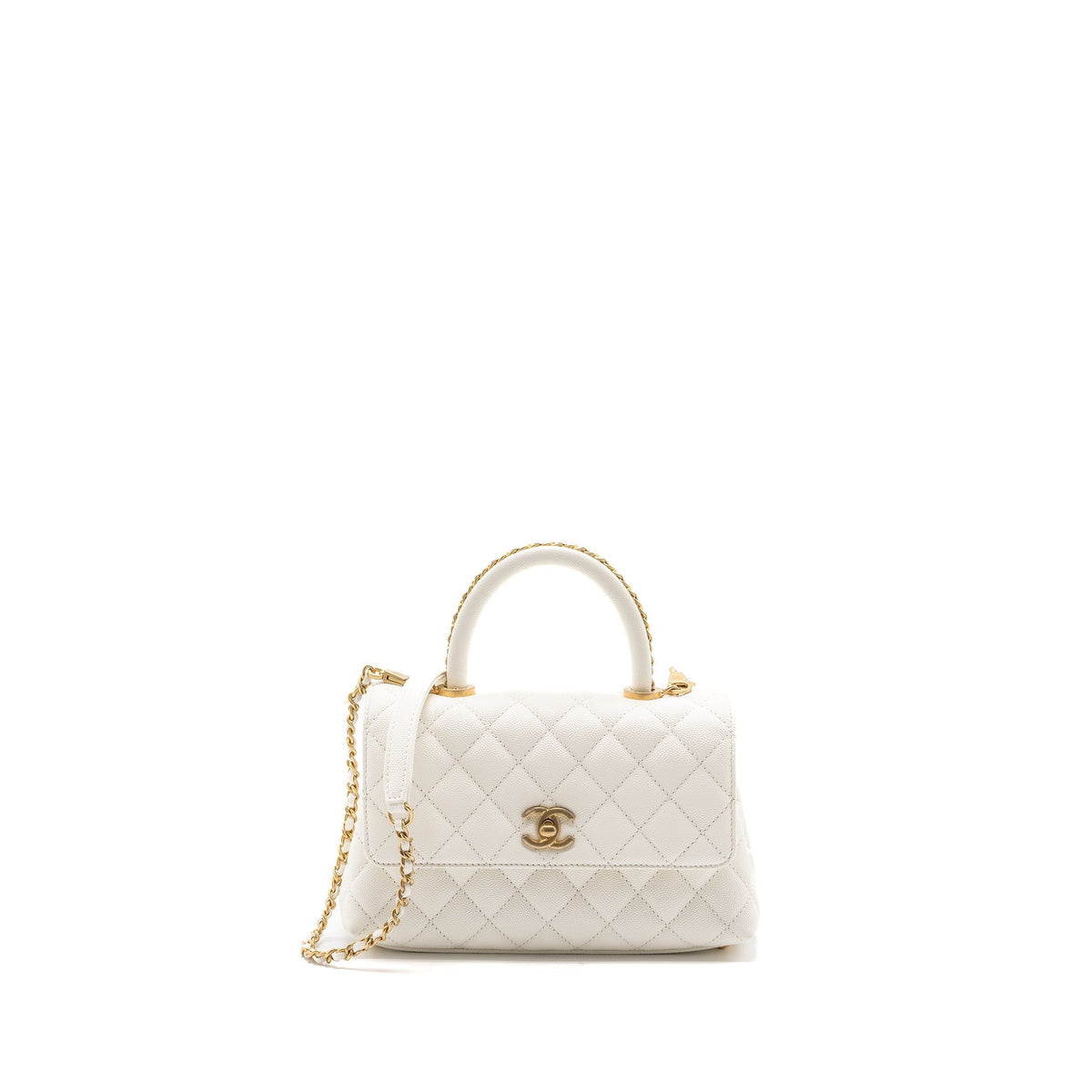 CHANEL 23P DETAILED TOP HANDLE SMALL COCO HANDLE CAVIAR WHITE GHW (MICROCHIP )