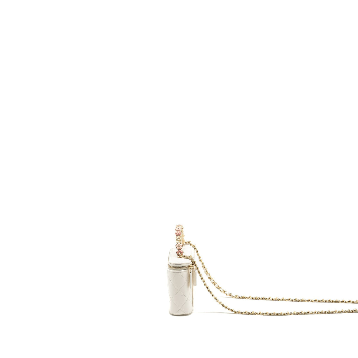 CHANEL 23K CAMELLIA TOP HANDLE LONG VANITY CASE WITH CHAIN CALFSKIN WHITE LGHW (MICROCHIP)