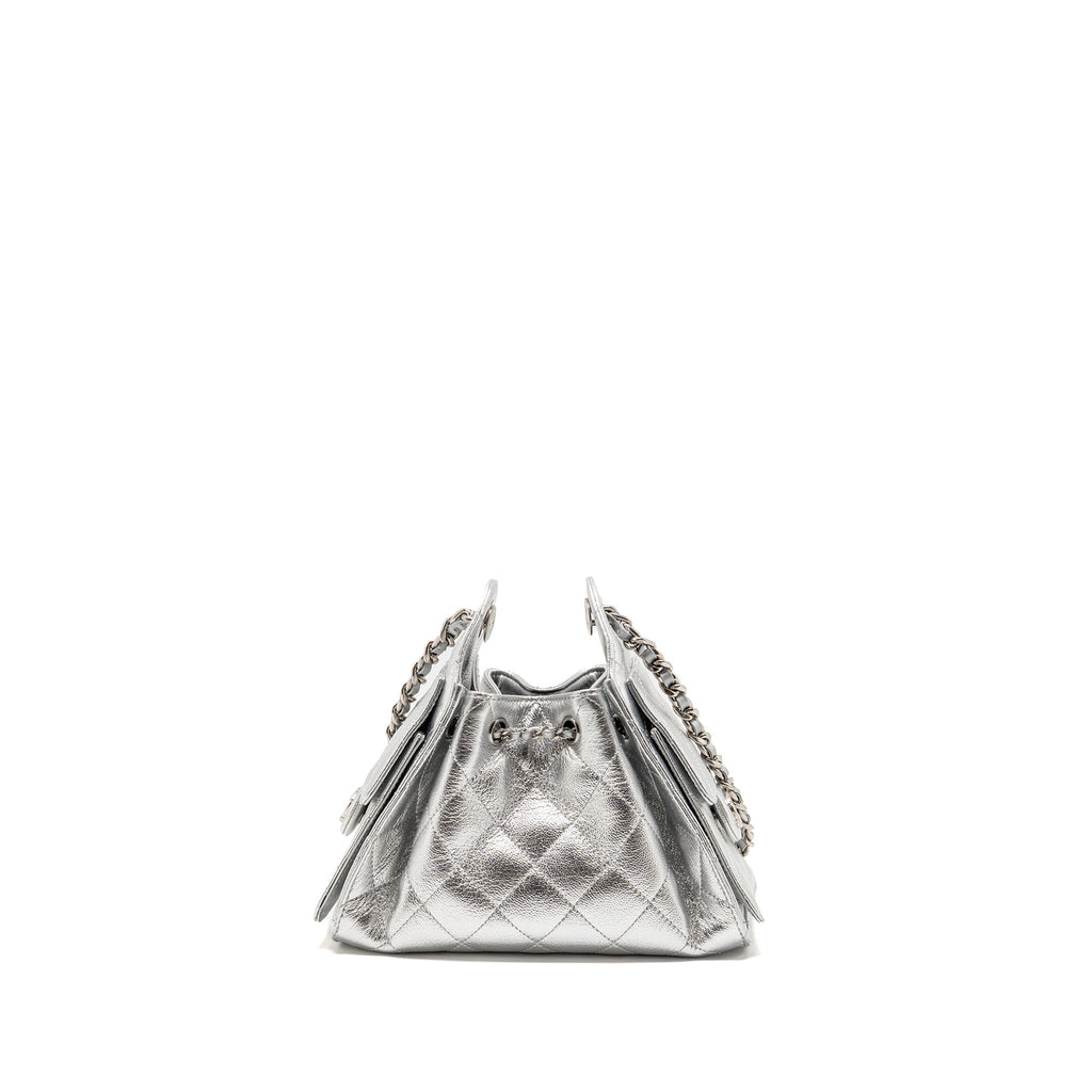 CHANEL MINI 25 BAG METALLIC GRAINED CALFSKIN SILVER SHW (MICROCHIP)