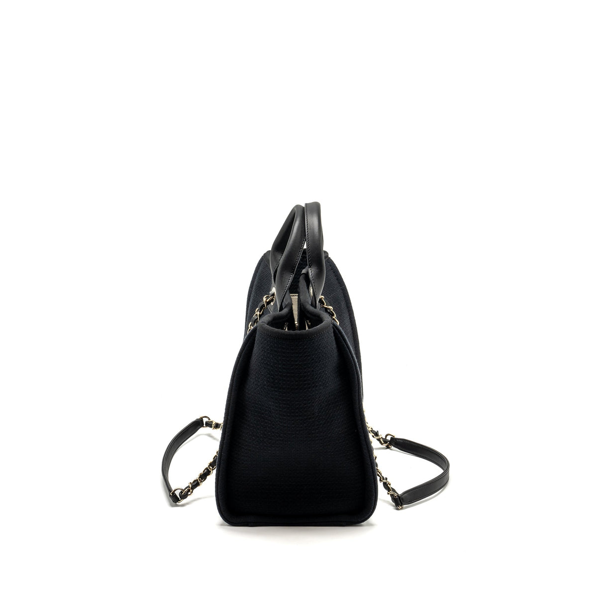 CHANEL SMALL DEAUVILLE SHOPPING TOTE BAG CALFSKIN/FABRIC BLACK LGHW (MICROCHIP)