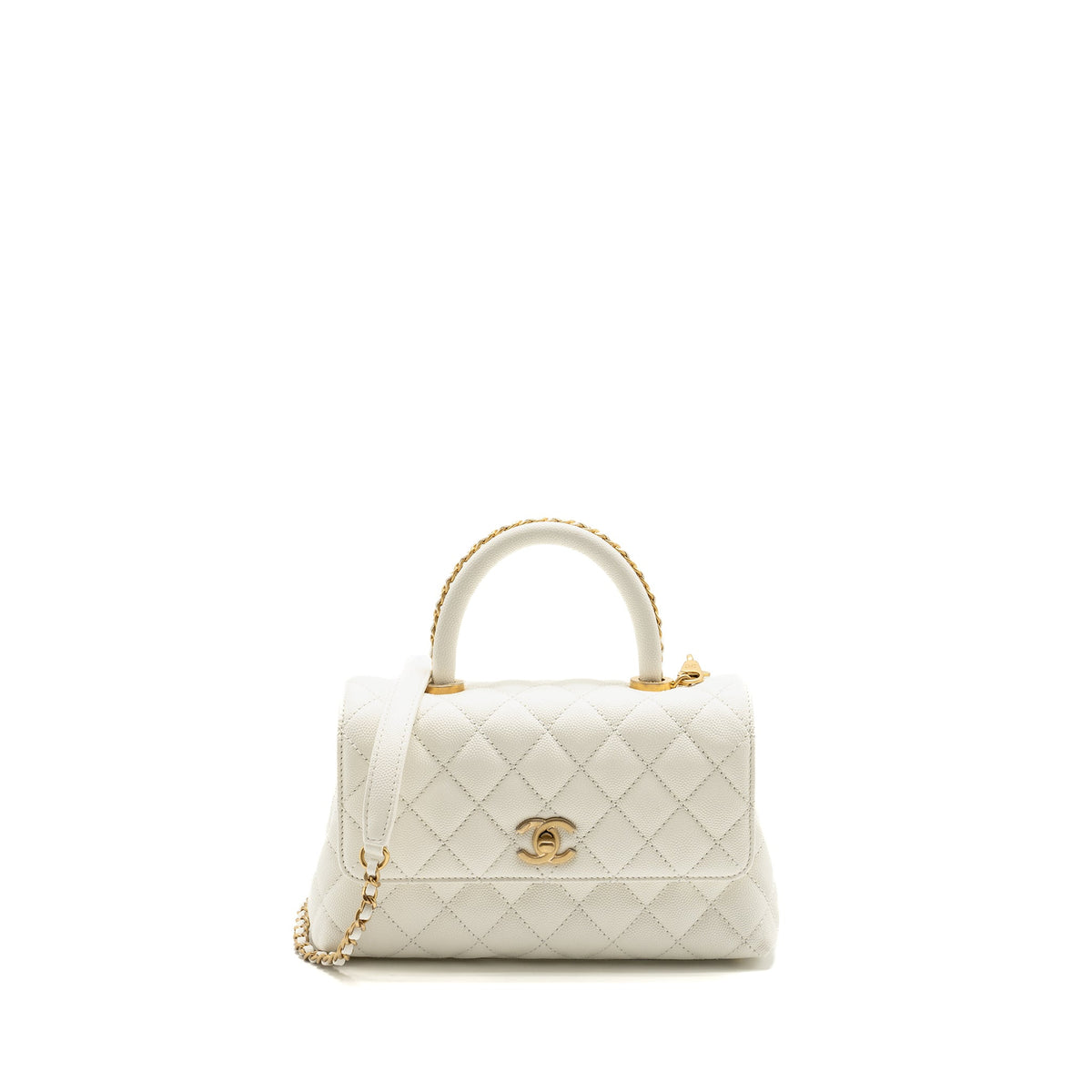 CHANEL DETAILED TOP HANDLE SMALL COCO HANDLE CAVIAR WHITE GHW (MICROCHIP)