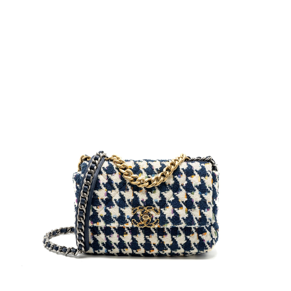 CHANEL SMALL 19 BAG FABRIC MULTICOLOUR BLUE / WHITE MULTICOLOUR HARDWARE