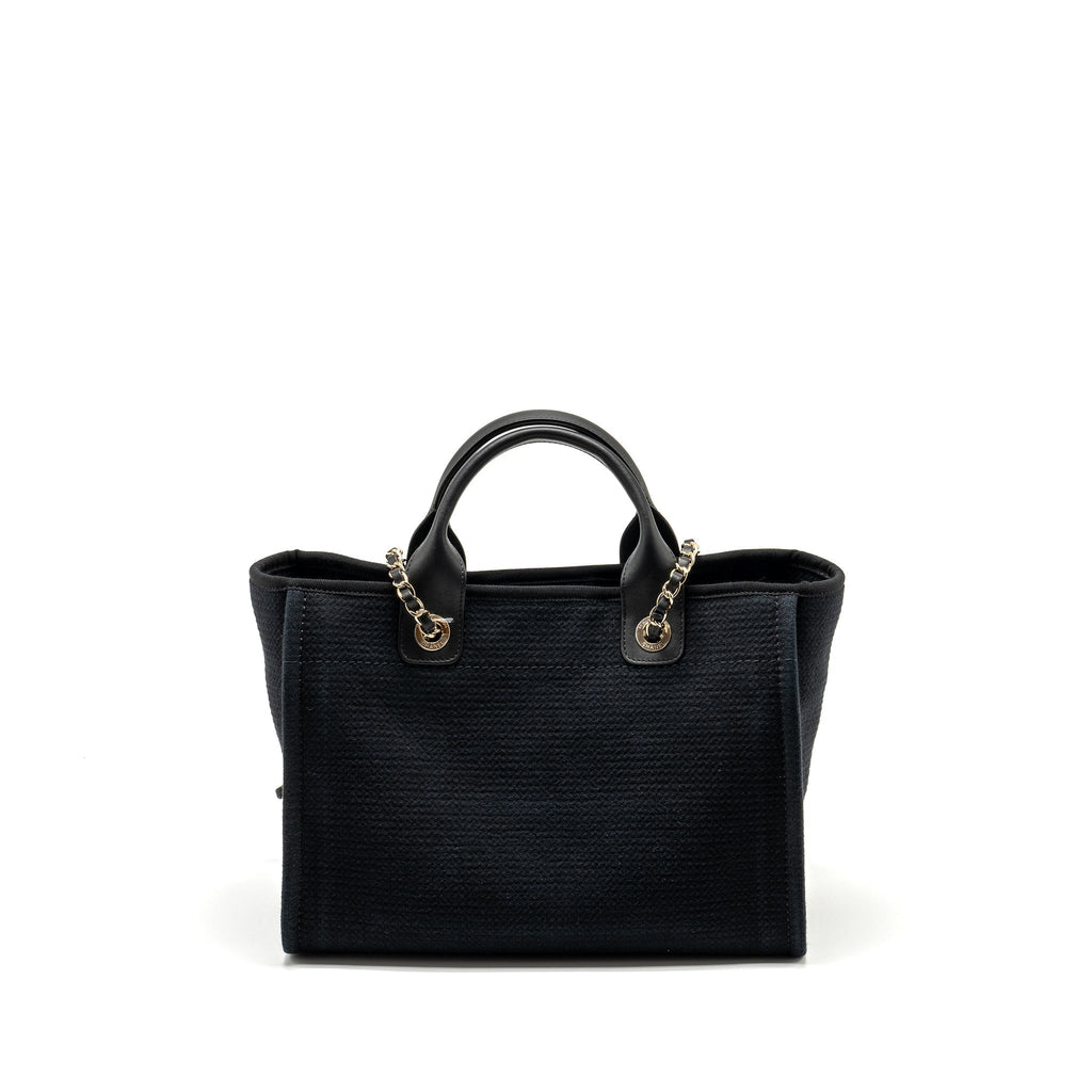CHANEL SMALL DEAUVILLE SHOPPING TOTE BAG CALFSKIN/FABRIC BLACK LGHW (MICROCHIP)