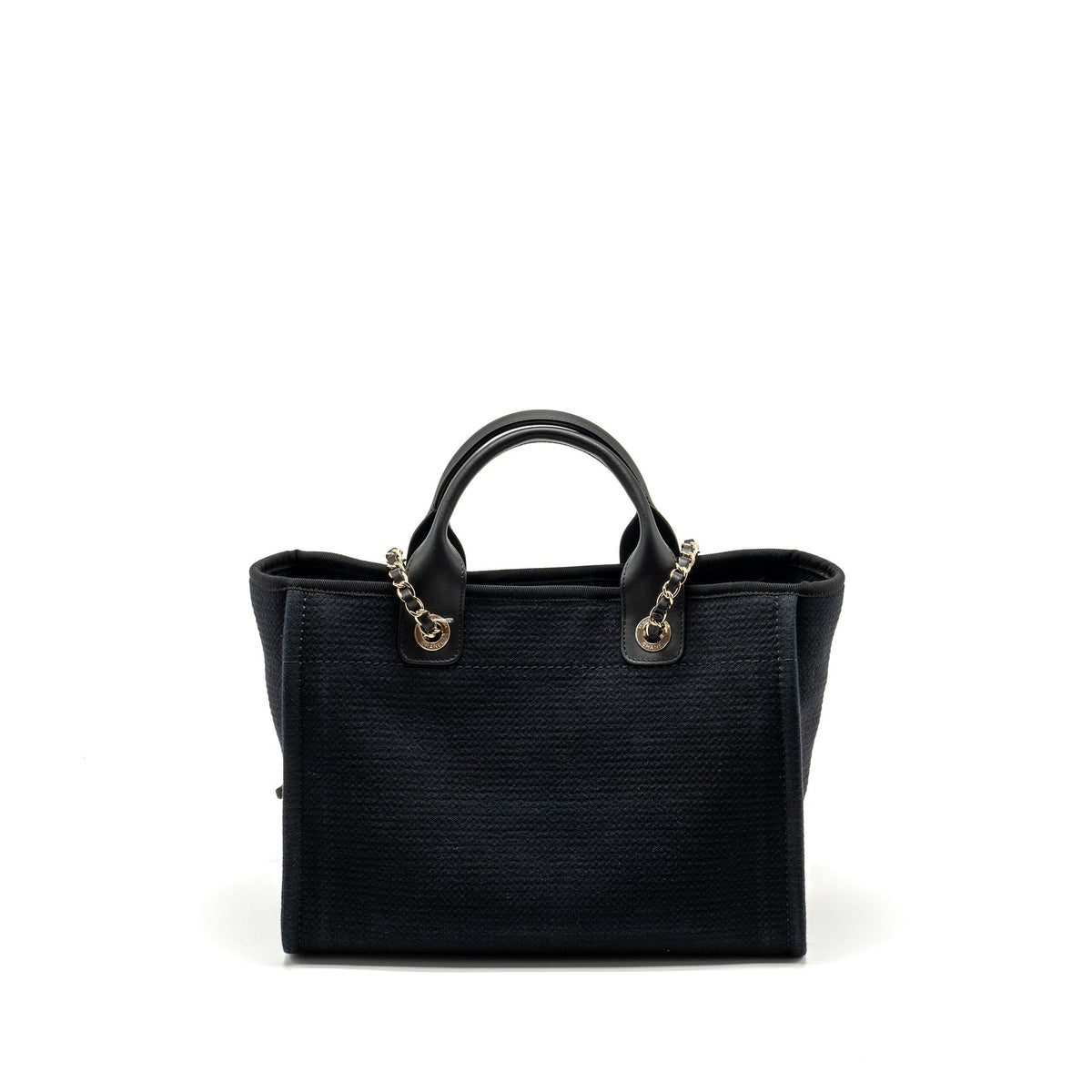 CHANEL SMALL DEAUVILLE SHOPPING TOTE BAG CALFSKIN/FABRIC BLACK LGHW (MICROCHIP)