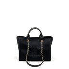 CHANEL SMALL DEAUVILLE SHOPPING TOTE BAG CALFSKIN/FABRIC BLACK LGHW (MICROCHIP)